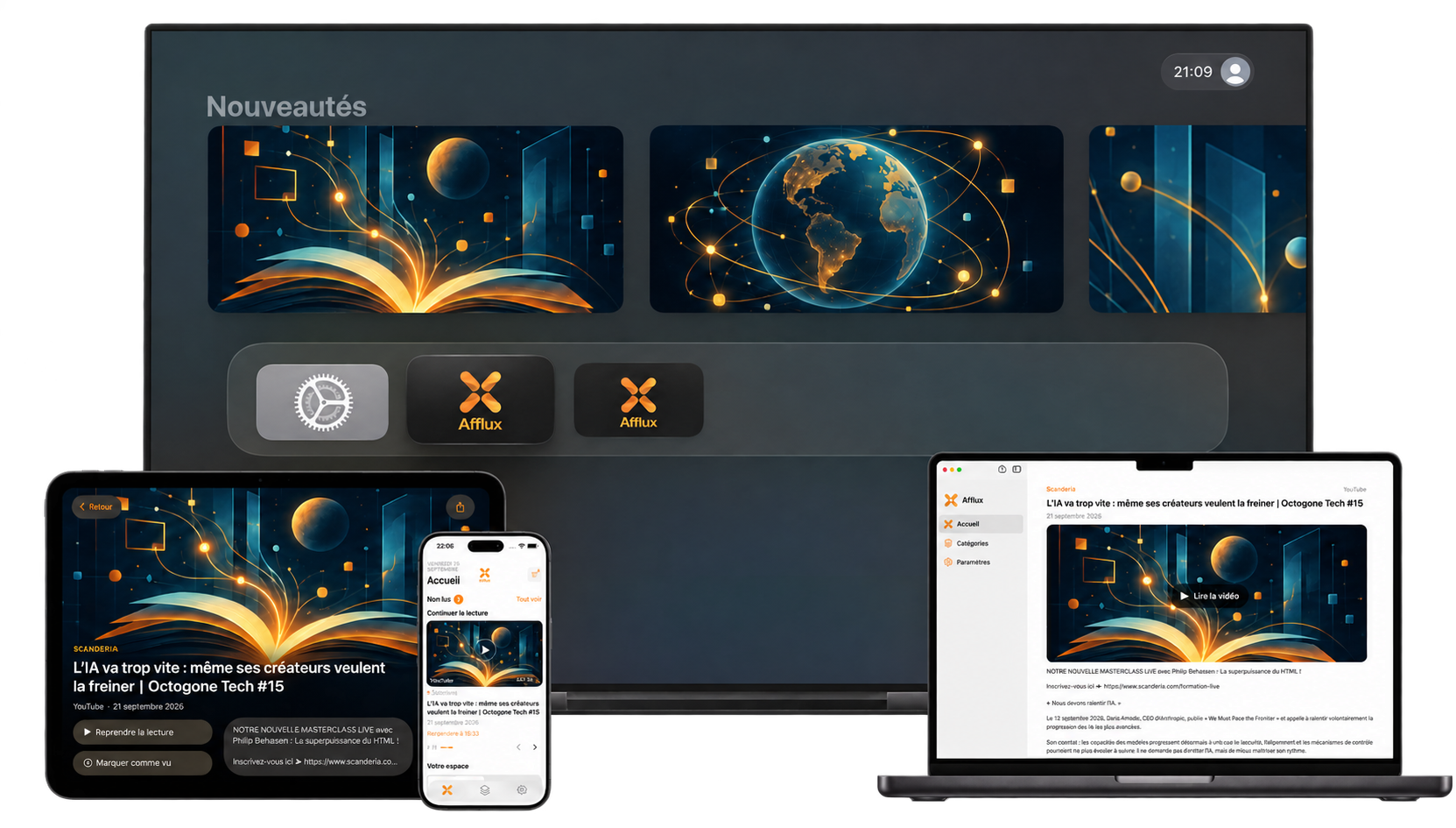 Présentation d’Afflux sur Apple TV, iPad en paysage, iPhone et MacBook, avec des illustrations de livre et de globe bleu et doré