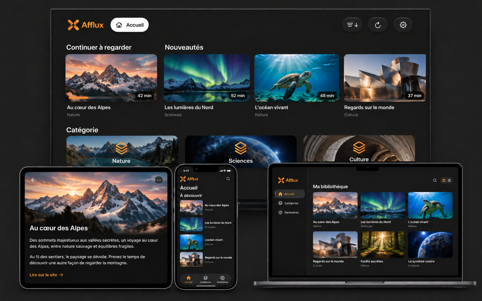 Présentation d’Afflux : bibliothèque sur Apple TV, lecture d’un article sur iPad, accueil sur iPhone et bibliothèque sur Mac