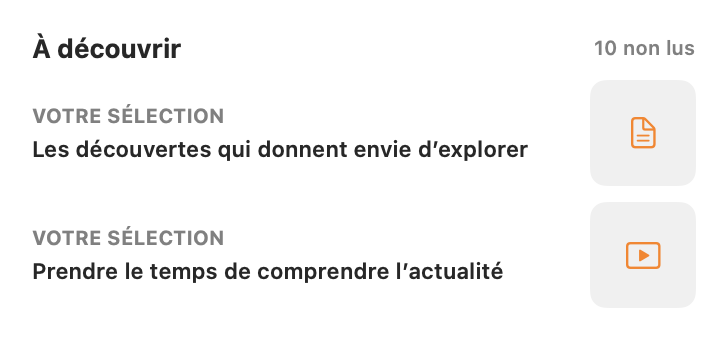 Widget clair Afflux affichant les dernières découvertes et leur nombre de contenus non lus
